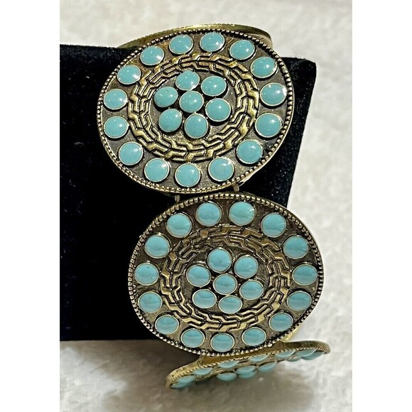 Native American Style Faux Turquoise Tribal Stretch Bracelet Gold Tone Cowgirl - Picture 2 of 6